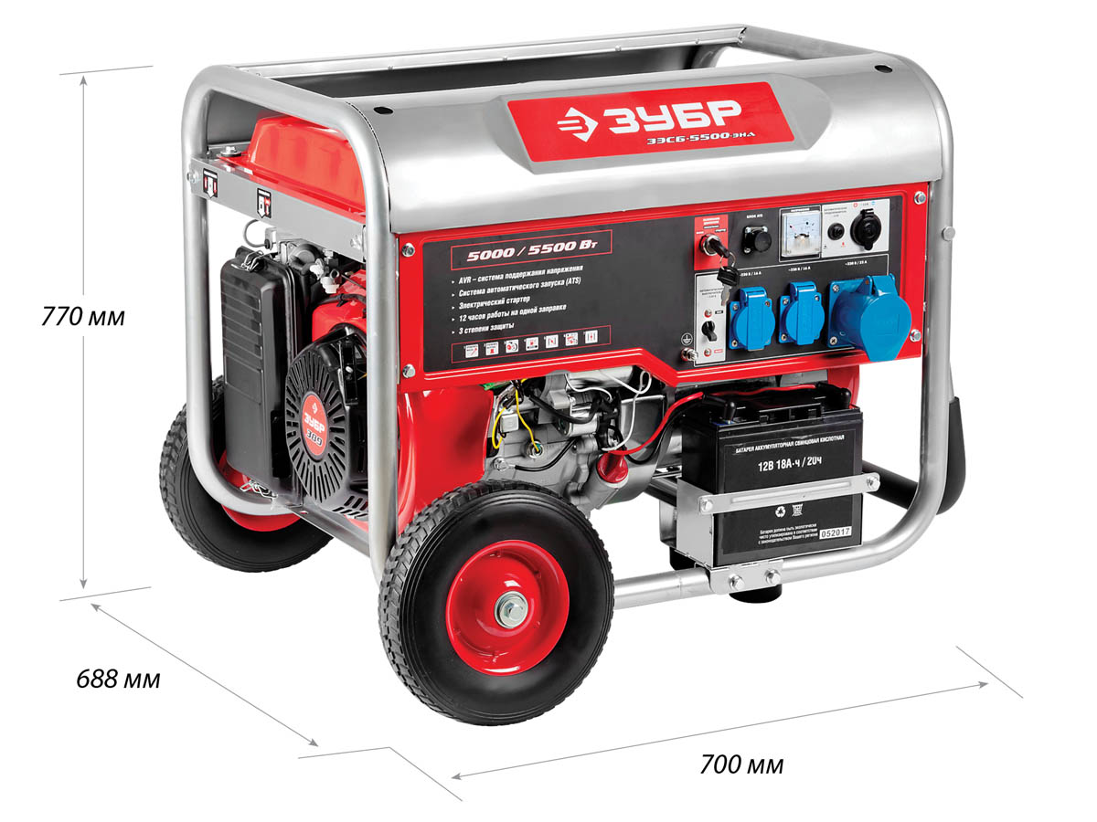 Каталог :: Силовая техника :: Генераторы и электростанции :: Бензиновые  генераторы и электростанции :: Бензиновые генераторы и электростанции ЗУБР  :: ЗУБР 5/5.5 кВт, однофазный, синхронный, щеточный, генератор бензиновый  ЗЭСБ-5500-ЭНА Мастер